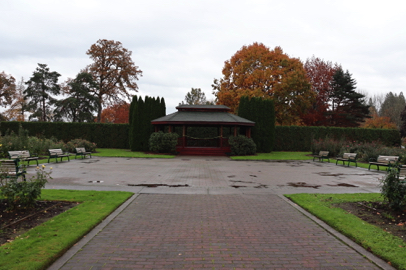Rose Garden with benches – brick plaza – covered pavilion with ramp